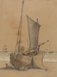 Bateau de pêche sur la plage avec une goélette en mer