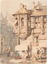 Scène de rue française avec une tourelle médiévale