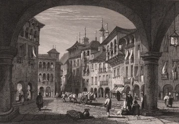 Vue de la place du marché à Domodossola, Piémont, Italie, gravure sur acier d