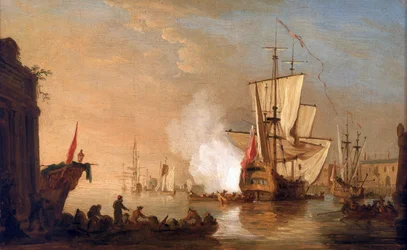 Navire de guerre britannique tirant le canon pour saluer, à son arrivée au port, dont les bâtiments évoquent un port de la mer Méditerranée. Huile sur toile, vers 1765, par Samuel Scott