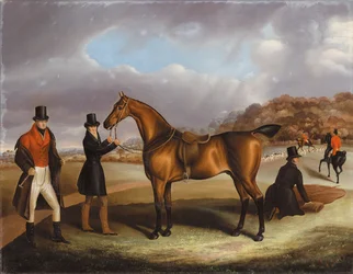 Lord George Bentinck avec son chasseur préféré et des palefreniers, dans un paysage avec une chasse au loin