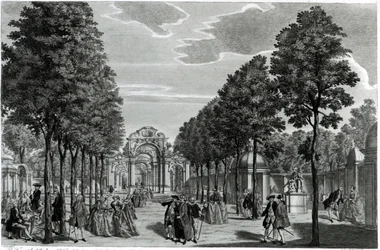 Les Arches Triomphales, Statue de Handel dans le South Walk des jardins de Vauxhall, gravé par John S. Muller