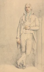 Un gentleman, en pied, tenant un papier et un crayon