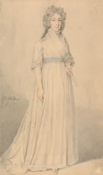 Une dame, en pied, portant une écharpe bleue et tenant un éventail