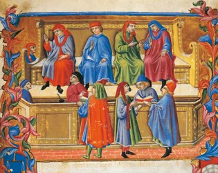 Tribunal du commerce miniature des Statuts des Marchands par Sano di Pietro (1472), Italie, 15ème siècle