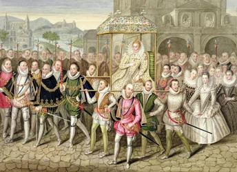 La reine Élisabeth Ire en procession avec ses courtisans (vers 1600), tiré de «Memoirs of the Court of Queen Elizabeth», d