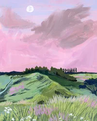 Ciel rose au-dessus des collines vallonnées
