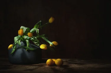 Nature morte évocatrice aux tulipes jaunes