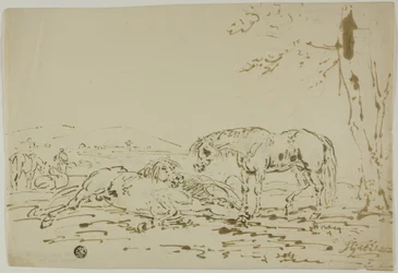 Paysage avec chevaux au premier plan