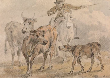 Homme à cheval conduisant deux vaches et un veau