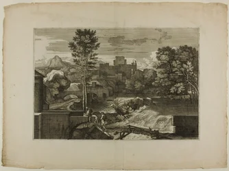 Cascade à un pont de pierre, avec château au loin