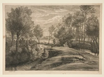 Paysage avec un homme arrosant son cheval