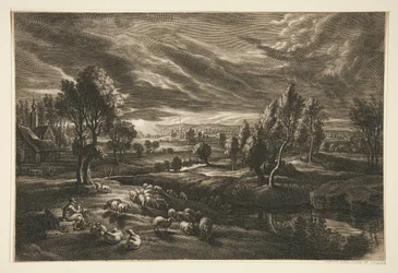 Berger et moutons au coucher du soleil