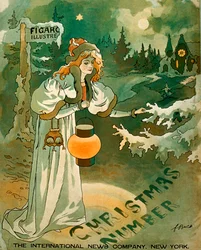 Affiche de Noël avec une femme tenant une lanterne devant un chalet enneigé