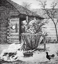 Scène de ferme - une femme à une cuve de lavage, d