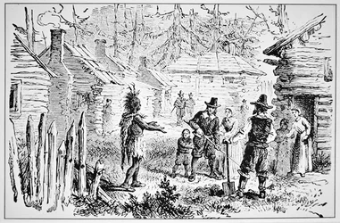 Samoset, chef des Pemaquids, rend visite aux Pères Pèlerins en 1621 (lithographie)