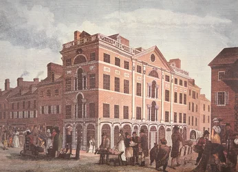 Le coin des rues Third et Market, Philadelphie (lithographie en couleur)