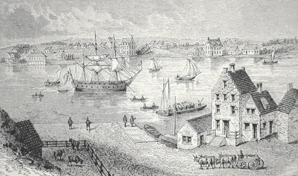 Le ferry, New York, vers 1750 (lithographie)