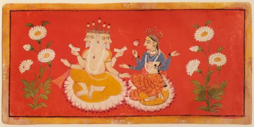 Brahma assis avec Saraswati tenant les Quatre Védas et Saraswati tenant un pétale de lotus