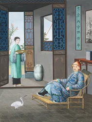 Un mandarin couché et une servante avec un bassin d
