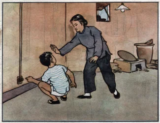 Dessin, mère avertissant son enfant du danger des prises électriques. Illustration, dans "Comment utiliser l