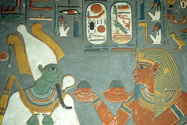 Égypte ancienne, peinture, Horemheb offrant des onguents à Osiris, tombe de Horemheb, Thèbes