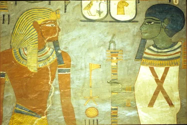 Égypte ancienne, Peinture murale, Tombe de Ramsès I, Vallée des Rois, XIXe dynastie, Ramsès I devant Ptah, Dieu de la Création