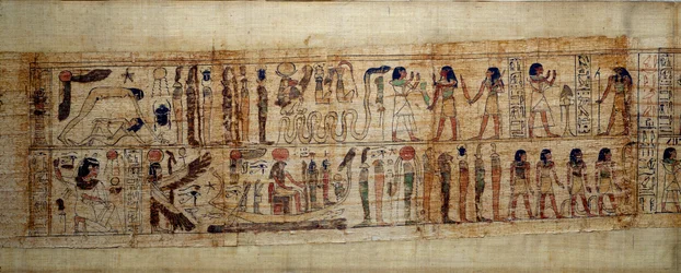 Art égyptien ancien Papyrus mythologique de Serimen. En haut : lors de la création du monde, le dieu Geb (Terre) est séparé de la déesse Nout (ciel); dieux et génies de l