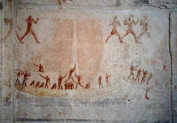 Antiquité égyptienne : un voilier. Relief en calcaire de la Chapelle du Mastaba d