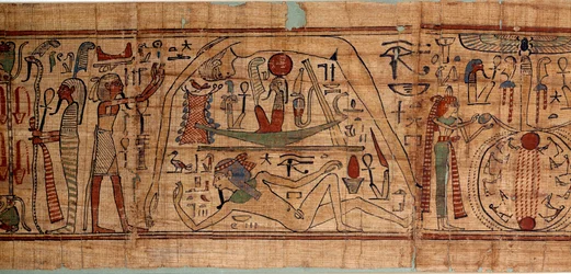 Antiquité égyptienne allégorie du cosmos : papyrus mythologique de Neskapashouty, scribe comptable des grains représentant la cosmogonie, avec Geb, Nout, Nephtys, Osiris. 1070-664 av. J.-C. 21e dynastie. Paris, musée du Louvre
