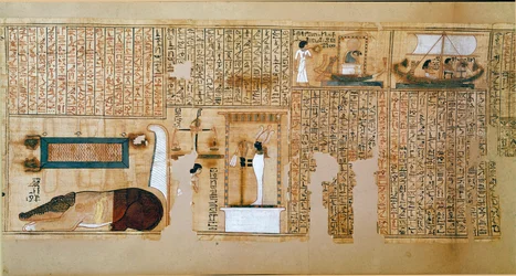 Antiquités égyptiennes : fragment du Livre des Morts, papyrus de Nebqed. Détail représentant la pesée des âmes. 18e dynastie. 1400-1350 av. J.-C. Paris, Musée du Louvre