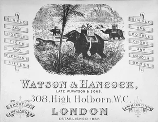 Publicité pour les armuriers Watson & Hancock, vers 1900