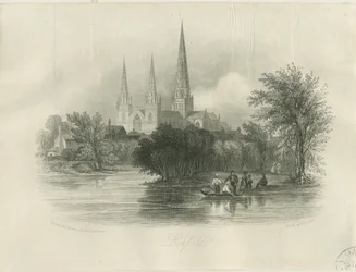 Cathédrale de Lichfield - Vue sud-ouest : gravure (vignettée), nd [c 1842] (impression)