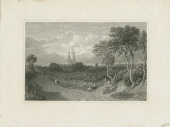 Cathédrale de Lichfield - Vue ouest (lointaine) : gravure, nd [?18e siècle] (impression)