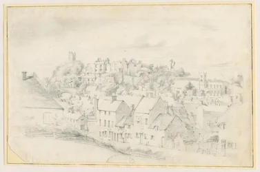 Tutbury - Ville, église et château : dessin au crayon, nd [?19e siècle]