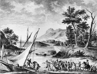 Révolution française : Arrestation des ambassadeurs français Charles Louis Huguet de Semonville (1759-1839) et Hugues Bernard Maret (1763-1839) à Novate le 25 juillet 1793. Gravure et dessin de Duplessi - Bertaux. Paris, Bibliothèque de l