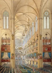 Intérieur de la cathédrale Notre-Dame de Paris pendant le sacre de Napoléon Ier (1769-1821) le 2/12/1804. Aquarelle vers 1804. Île-d