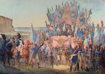 Fête militaire à Boulogne avec Napoléon distribuant des étoiles de la Légion d