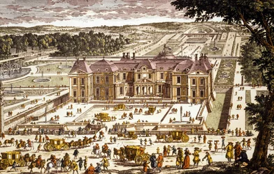 Vue du château Vaux le Vicomte, construit par Louis le Vau en 1658-1661 pour Nicolas Fouquet (gravure en couleurs)