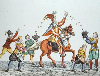 Bouffon sur un cheval alezan jetant de la nourriture aux enfants, de 