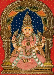 Déesse Saraswati en relief, peinture Tanjore