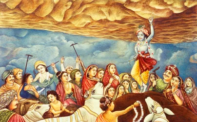 Seigneur Krishna levant la montagne Peinture miniature