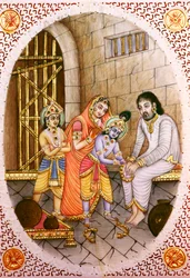 Peinture Miniature en Ivoire de Krishna Balram et Devaki Vasudeva