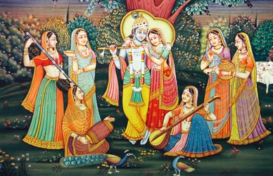 Radha Krishna avec Sakhis appréciant la musique