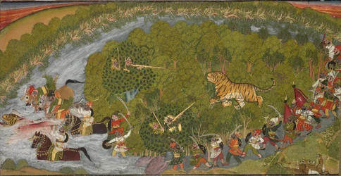 Chasse au tigre, vers 1800 (encre et couleur sur papier)