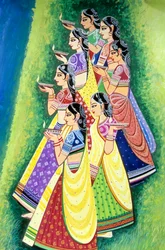 Femme tenant une lampe à huile, peinture miniature, Inde