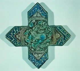 Carreau mural à lustre ancien représentant une scène de chasse, probablement fabriqué à Kashan, Iran