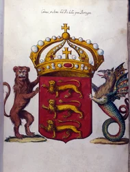 Armoiries de la famille royale britannique décorant une couronne, un lion et une créature fantastique. Archives d