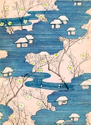 Motif pour un kimono : Cottages avec rivières et fleurs de cerisier