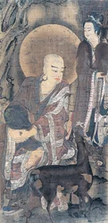 Peinture religieuse représentant un jeune moine avec une biche, peinture sur soie, civilisation japonaise, période Heian, 794-1185